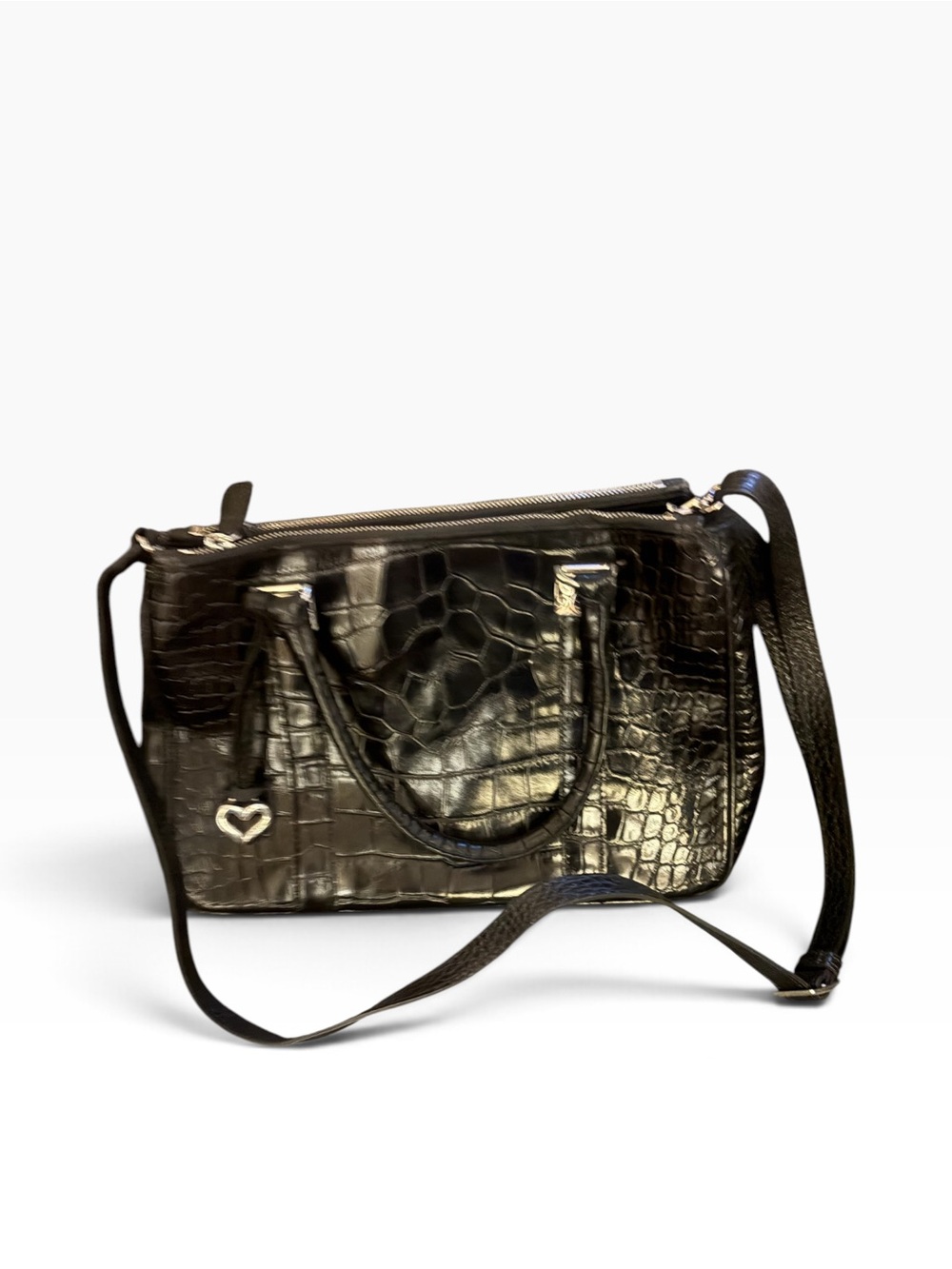 Brighton Black Croc-Embossed Satchel with Heart Charm